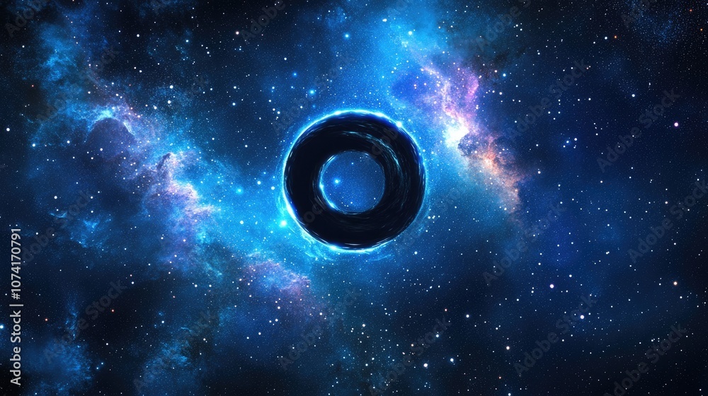 Poster 3d cartoon depiction of a black hole surrounded by shiny stars in a deep cold space with a blue nebu