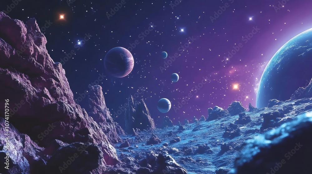 Aufkleber 2D illustration in a 3D cartoon rendering style Cartoon drawing style featuring deep interstellar space with stars planets and moons Various imaginative science fiction backgrounds and space art C