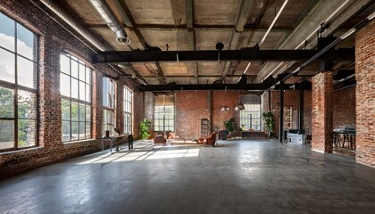 Fototapeta premium Open-Concept Industrial Loft with Exposed Brick, Concrete Floors, and Large Windows