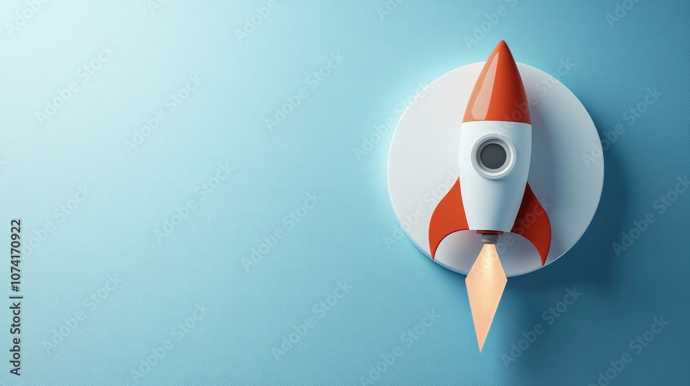 Aufkleber Icon Rocket on a white circle with a long shadow in a 3D cartoon rendering