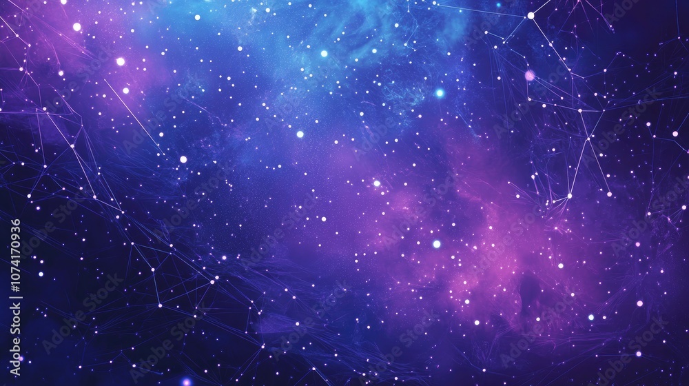 Poster Abstract purple blue starry background featuring a white cyberspace grid and a high tech network in a 3D cartoon rendering Deep space and outer space texture are highlighted in this universe theme