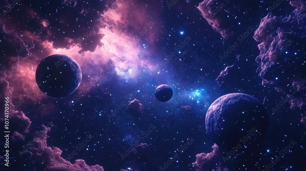 Poster 3d cartoon depiction of 2d illustration featuring deep interstellar space with stars planets moons a