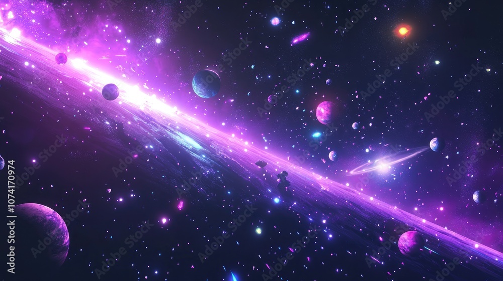 Poster 2d illustration featuring a vast space scene with bright stars planets and moons includes various sc
