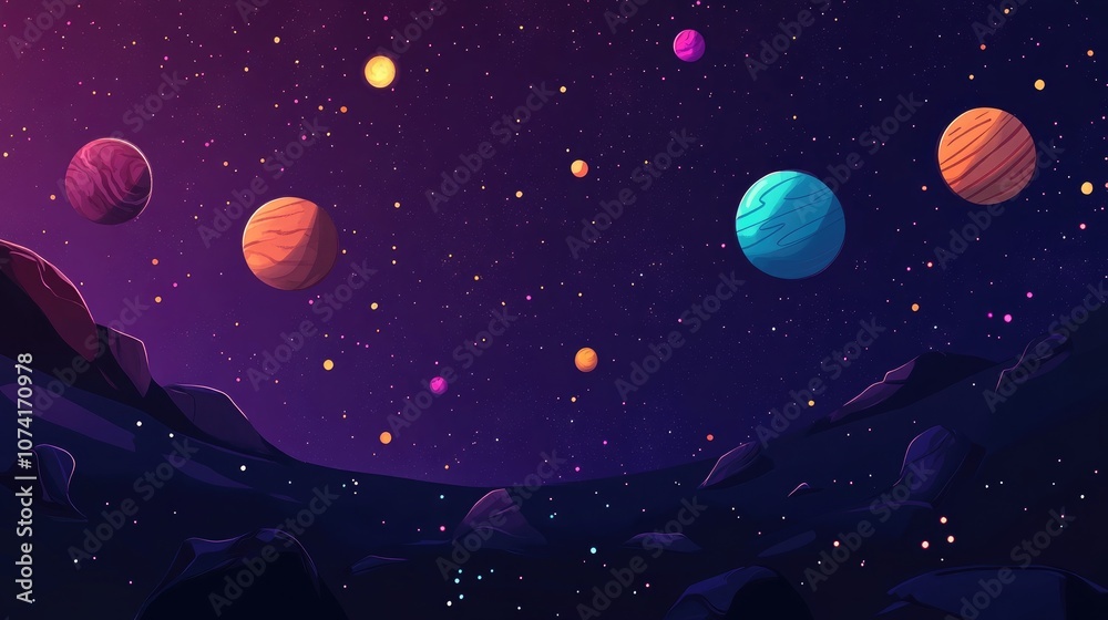 Aufkleber 2d illustration featuring a vast space scene with bright stars planets and moons includes various sc