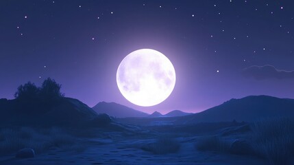 Bright White Full Moon at Night in 3D Cartoon Rendering