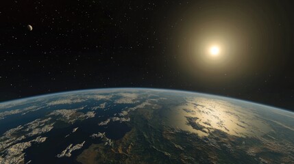 Obraz premium Earth viewed from space in a panoramic 3D cartoon rendering showcasing a sunrise and a distant moon