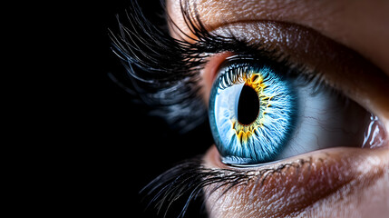 Eye iris macro close up on a black background. Human eyeball
