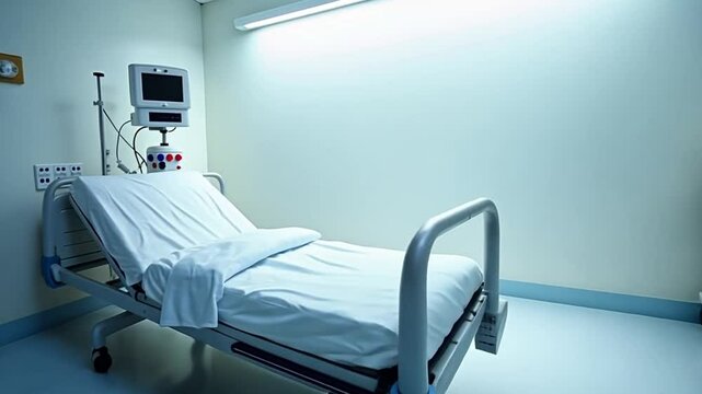 A clean hospital bed with adjustable sections, set in a minimalist room. The bed is lit softly, with the life-support equipment visible in the background.