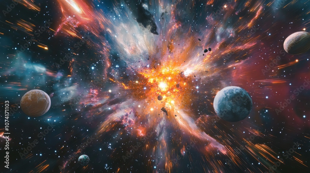 Aufkleber 2D illustration featuring a 3D cartoon rendering A realistic star pattern background in deep interstellar space with bright flashing stars planets and moons Various creative science fiction backdr