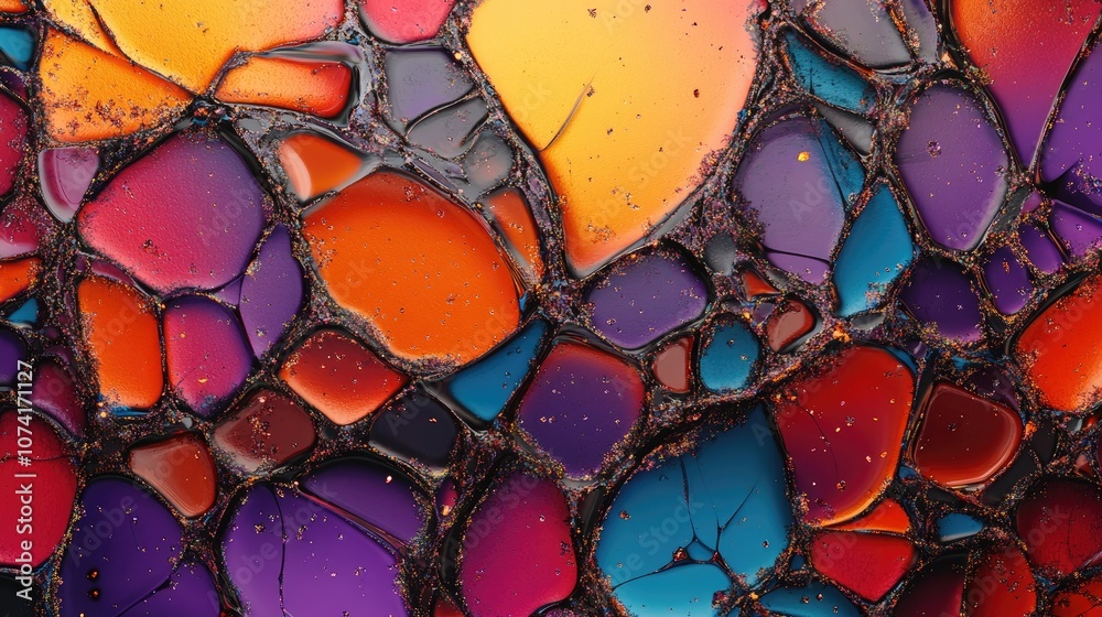 Poster Abstract background featuring multicolor space structures crackles and spots with a glass effect in a 3D cartoon rendering