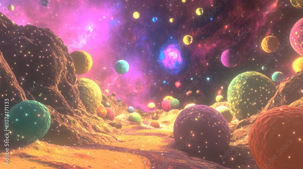 Poster 3D cartoon rendering featuring a backdrop of vibrant nebulae ideal for projects related to the cosmos fantasy imagination art and design