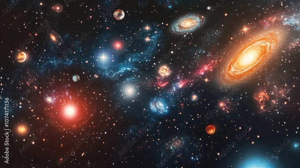 Poster Endless universe with stars and galaxies in outer space depicted in a 3D cartoon rendering Cosmos art