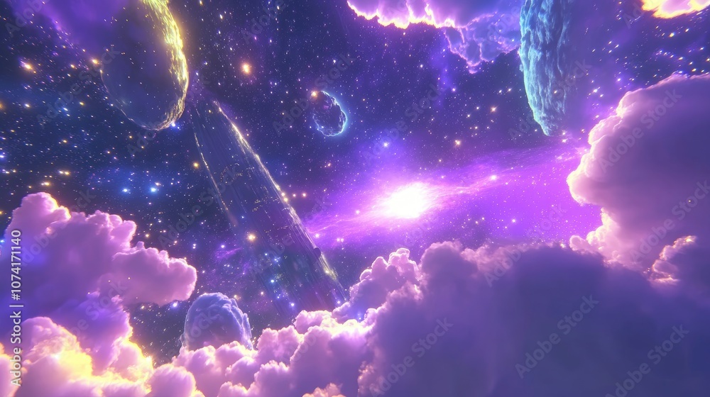 Poster 3D cartoon rendering featuring stars and a galaxy in open space