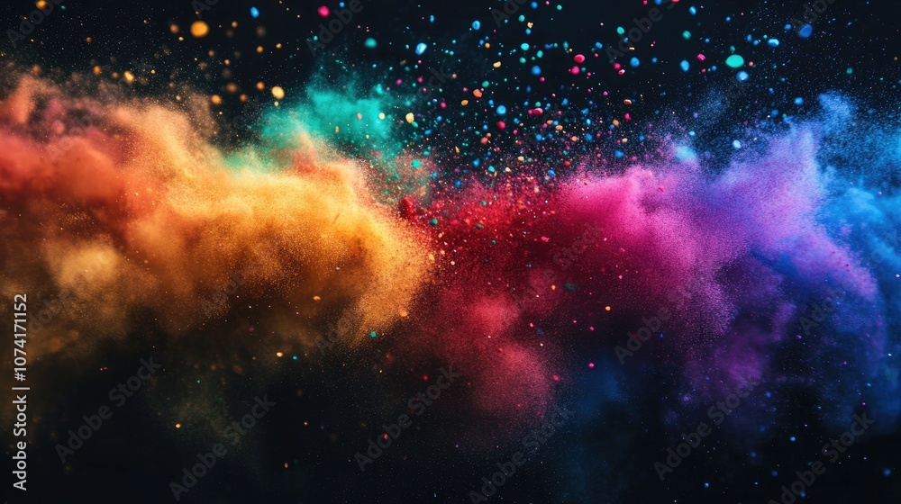 Fototapete Abstract powder splatted background in a 3D cartoon rendering showcasing the freeze motion of exploding color powder and colorful glitter texture against a dark backdrop