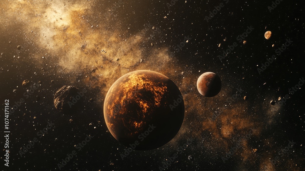 Poster 3D render of an earth like planet in distant space with a backdrop of other planets