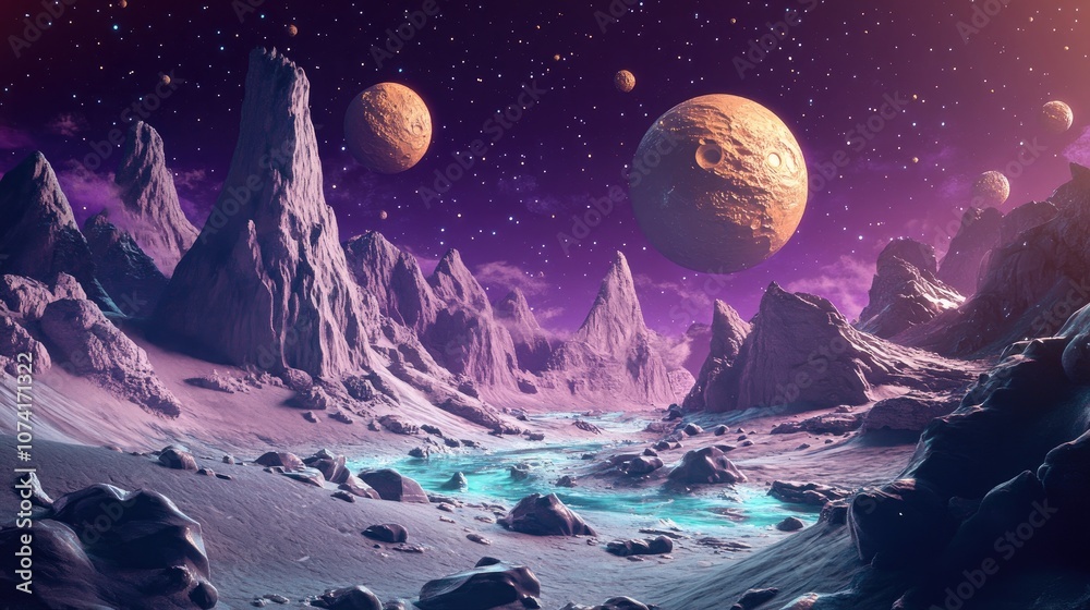 Poster 3d illustration composition of an alien world in a cartoon rendering