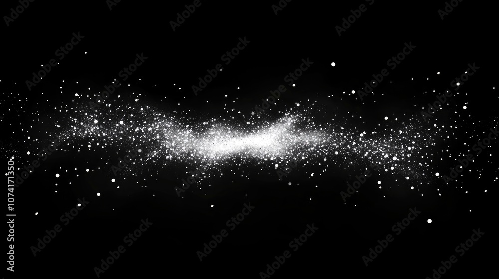 Poster freeze motion of white particles on a black background in a 3d cartoon rendering abstract powder exp