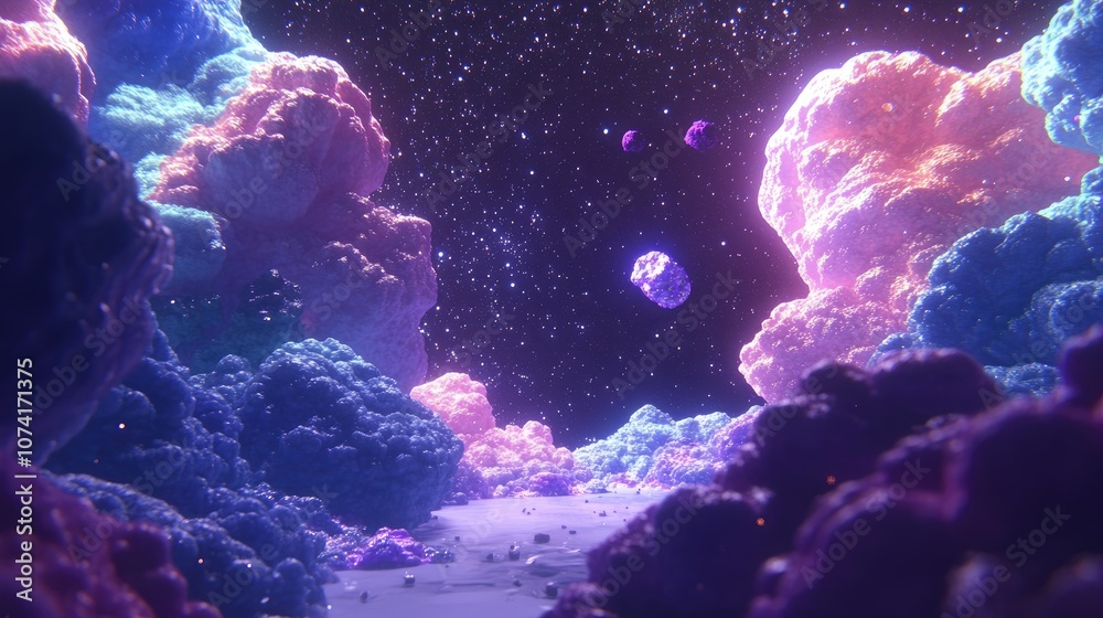 Poster nebula and galaxies in space depicted in 3d cartoon rendering