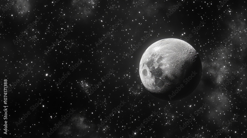 Poster gray moon and numerous stars on a black background in 3d cartoon rendering