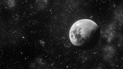 Obraz premium Gray moon and numerous stars on a black background in 3D cartoon rendering