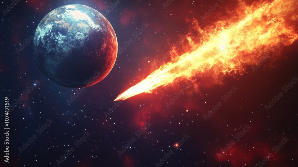 Poster Stars of a planet and galaxy in a 3D cartoon rendering within free space featuring a meteor and meteorite against a dark red and blue backdrop