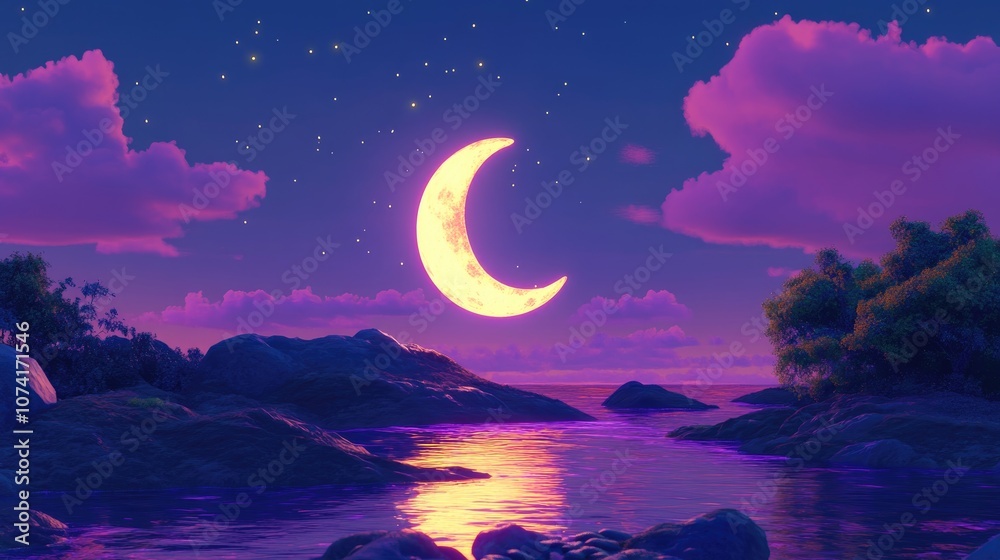 Poster crescent moon amid the stillness of the night in a 3d cartoon rendering