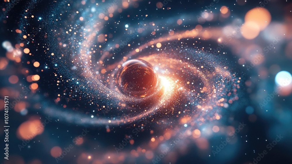 Poster Beautiful 3D cartoon rendering of an abstract galaxy in the universe featuring a spinning object in a dark space