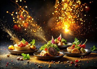Exquisite Food Photography with Radiant Golden Sparkles and Light Trails on Dark Background, Capturing Culinary Elegance and Gourmet Delights for Food Lovers and Culinary Enthusiasts