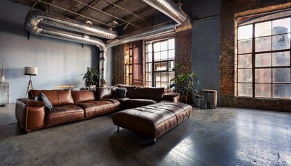 Fototapeta premium Industrial Living Room with Exposed Pipes, Leather Sofa, and Concrete Flooring