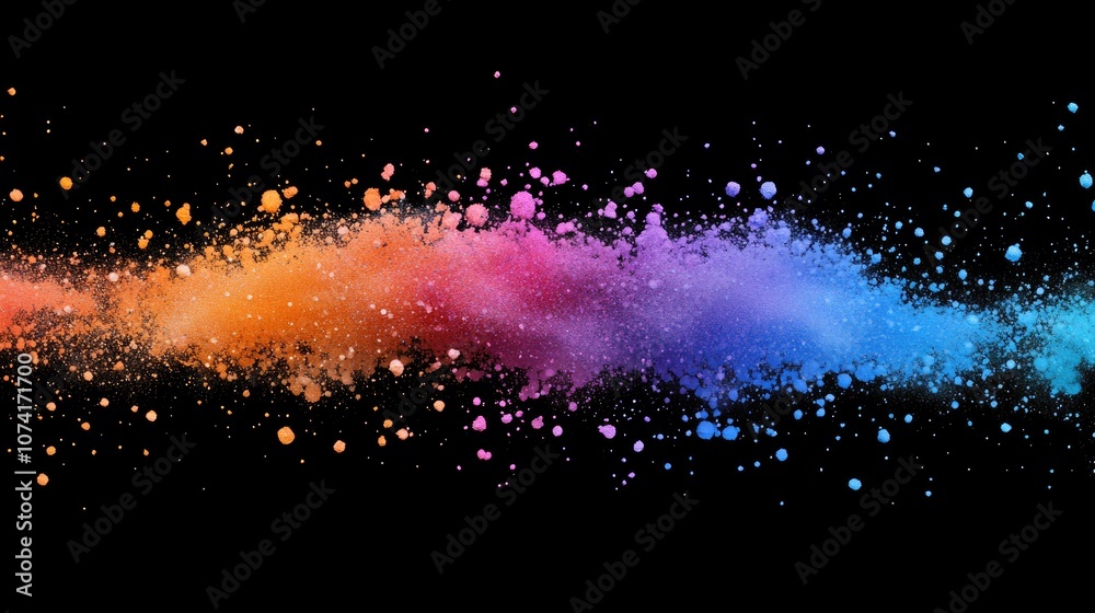 Poster Abstract powder splatted background in a 3D cartoon rendering capturing the freeze motion of color powder exploding and throwing color with a vibrant glitter texture against a black backdrop