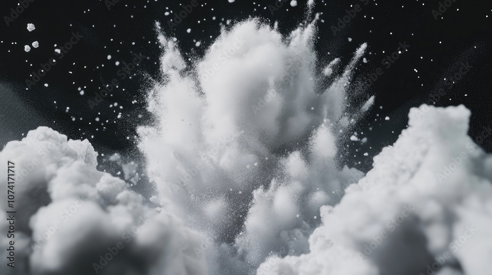 Poster white dust explosion in freeze motion on a black background featuring a 3d cartoon rendering of the 
