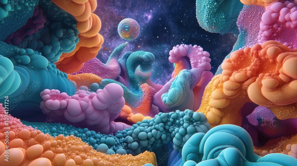 Aufkleber 3D cartoon rendering featuring fractal elements complementing the theme of astronomy technology physics and space science from the Algorithmic Cosmos series