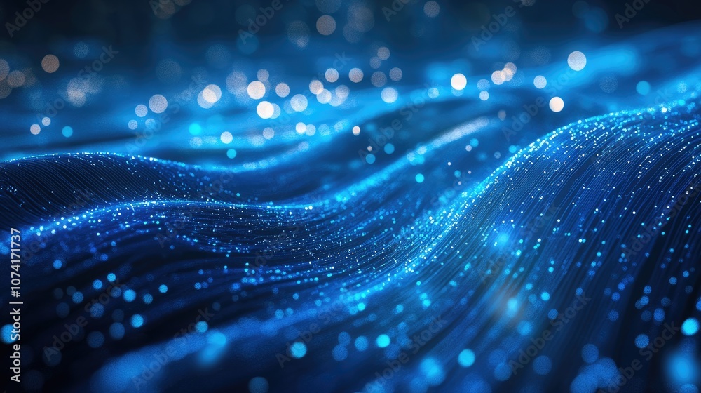 Aufkleber Abstract sci fi background featuring 3D cartoon rendering with glowing particles that create curved lines surfaces hologram structures and virtual digital space A blue motion design backdrop with 