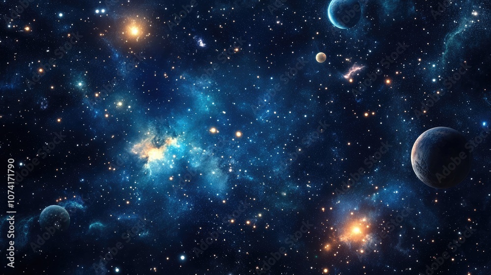 Poster 2D illustration featuring a 3D cartoon rendering of a deep vast space scene Bright stars planets and moons create various science fiction backdrops Space art depicting alien solar systems and dist