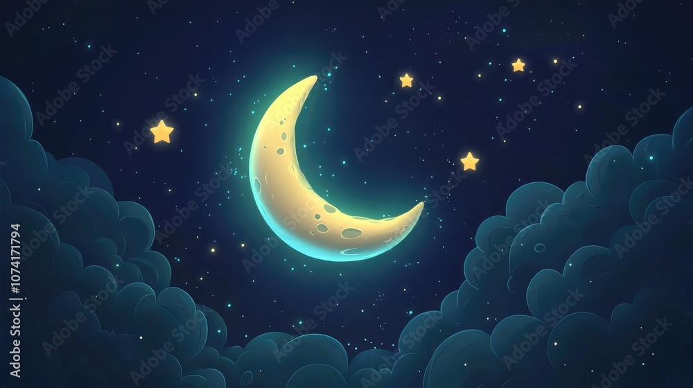 Poster Night scene with moon and stars in 3D cartoon rendering featuring a flat color icon Realistic illustration Pictogram isolated Top view with colorful transparent shadow design