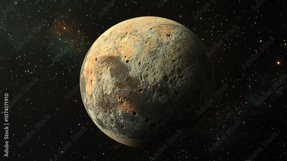 Poster illustration of a planet in deep space in 3d cartoon rendering
