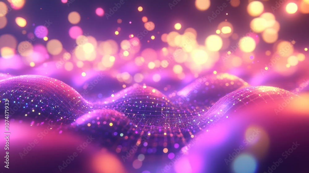 Fototapete Particles and surface grid illustrated in a 3D cartoon rendering featuring a backdrop effect of shallow depth of field and numerous glowing particles with bokeh computer generated