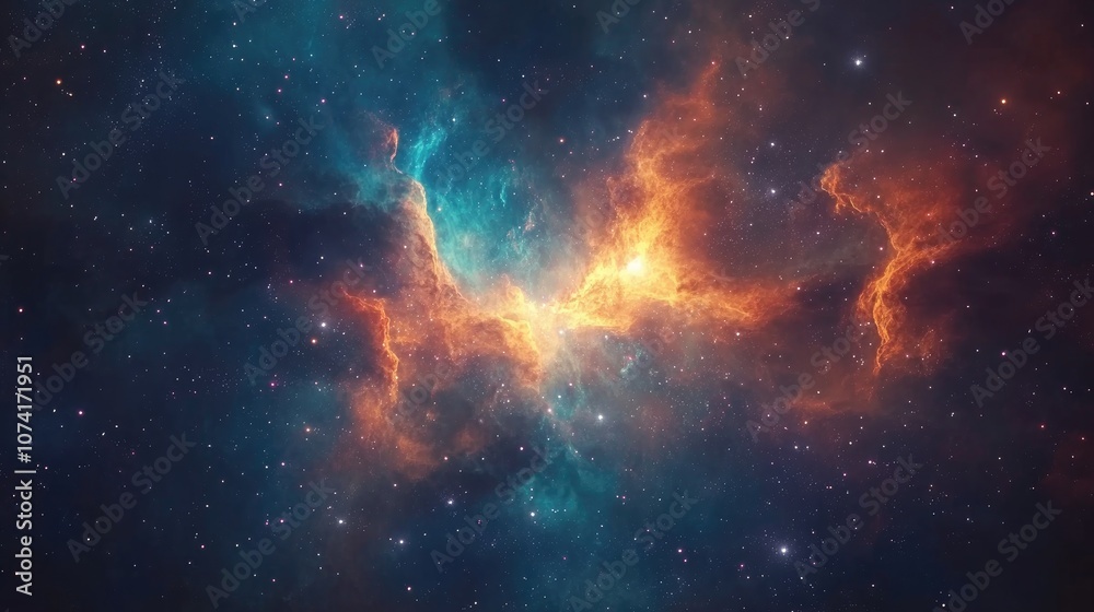 Poster Scientific background featuring a 3D cartoon rendering of a glowing nebula and stars in a mysterious deep space universe