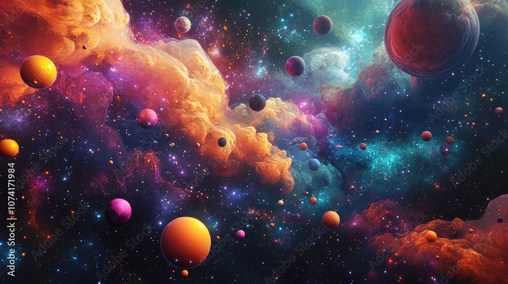 Aufkleber abstract illustration of universe bodies in 3d cartoon rendering