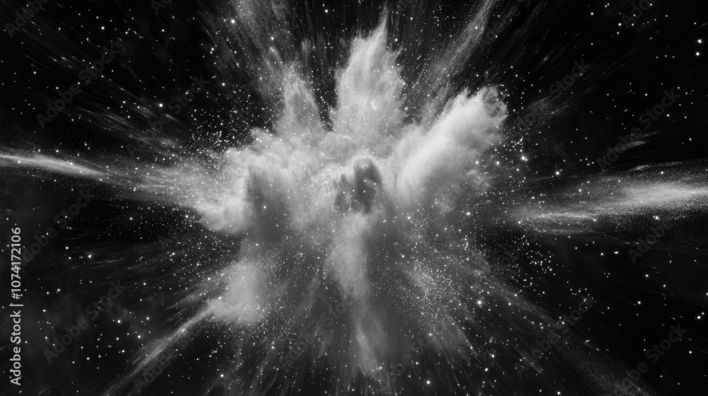Leinwandbilder Freeze motion of white particles on a black background in a 3D cartoon rendering Abstract powder explosion and dust overlay texture