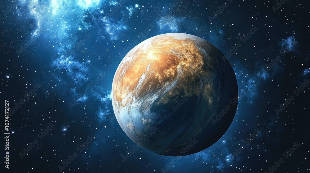 Poster Cartoon depiction in 3D of a planet in deep space