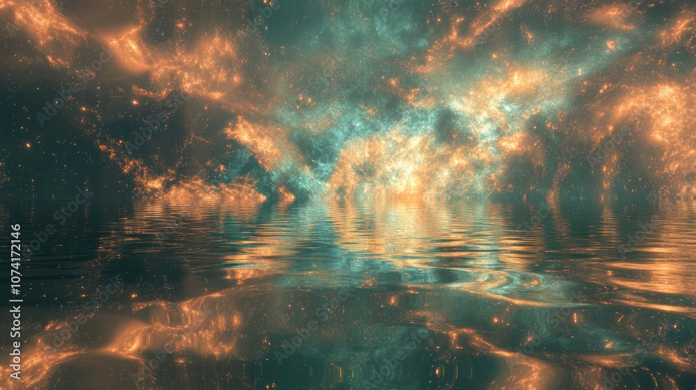 Poster Fractal image of an abstract star galaxy or constellation background border reflected in water in 3D cartoon rendering