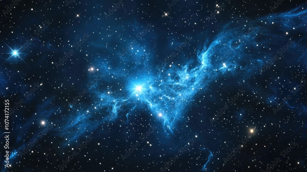 Poster Dark interstellar space in a 3D cartoon rendering A 2D illustration featuring stars in deep space and a blue cold nebula against a dark night sky