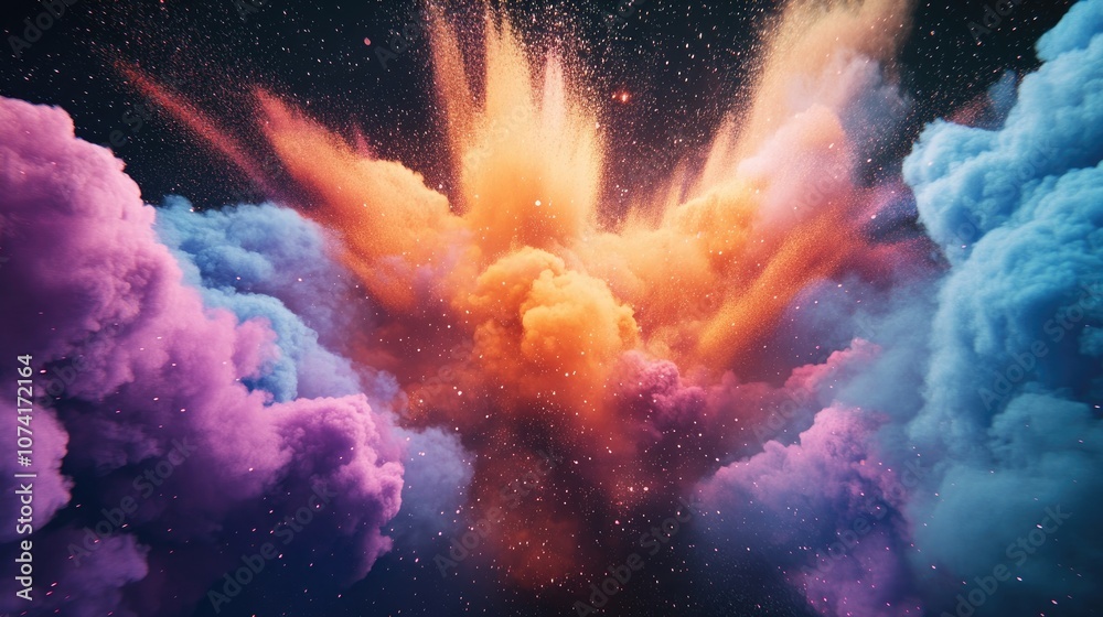 Poster colored cloud explosion in 3d cartoon rendering on a black background colorful dust burst reminiscen