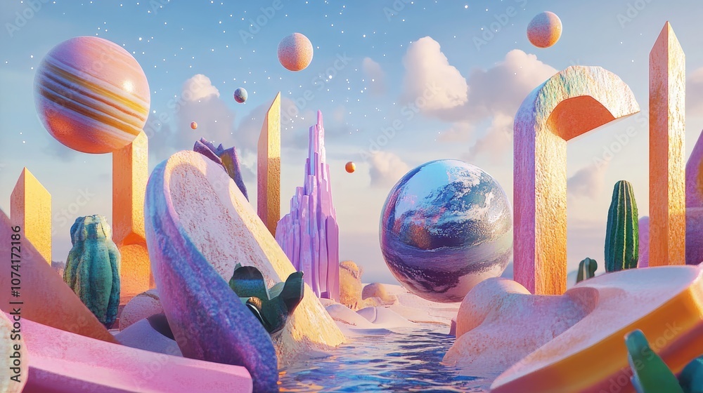 Poster 3D cartoon representation of artistic abstraction featuring the geometry of virtual space including elements like planets galaxies stars the cosmos the sea earth sunsets globes and abstract shapes