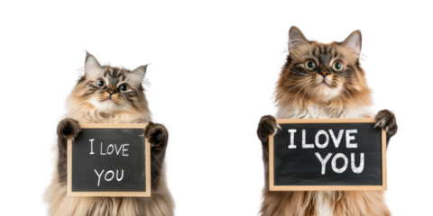 Two cats holding signs that say I love you express affection and joy