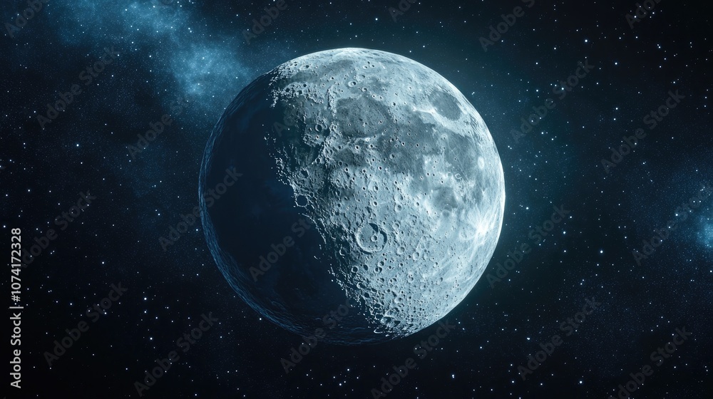 Poster artistic depiction of a fantasy moon in space created through 3d cartoon rendering beautiful illustr