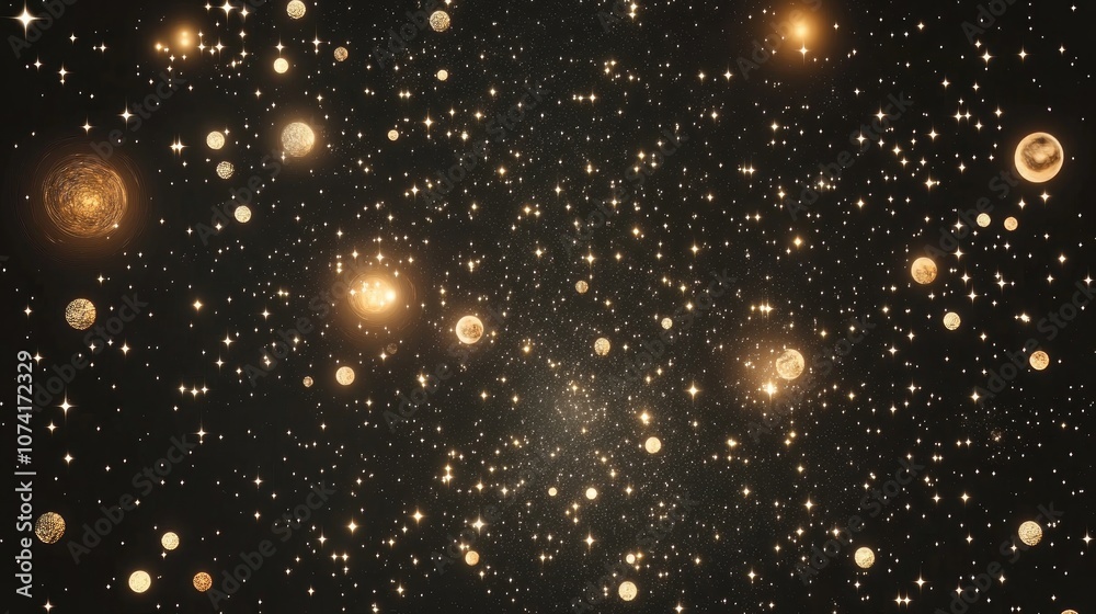 Poster stars of a planet and galaxy in a free space depicted in 3d cartoon rendering