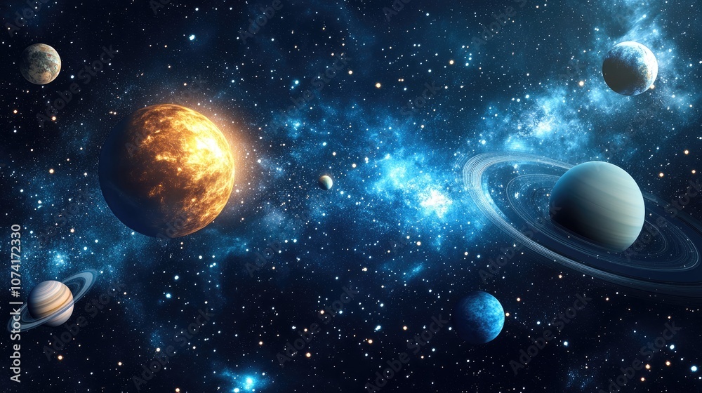 Aufkleber 2D illustration featuring a 3D cartoon rendering Background with a realistic star pattern in deep interstellar space Brightly flashing stars planets and moons A variety of creative science fiction