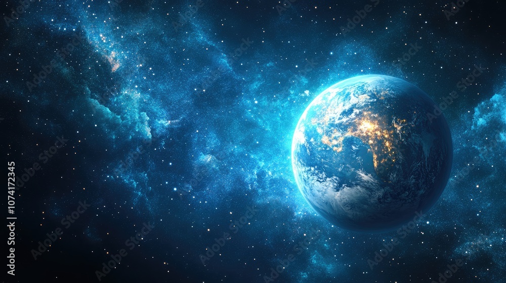 Poster science fiction wallpaper featuring a 3d cartoon rendering of a beautiful alien planet in deep space